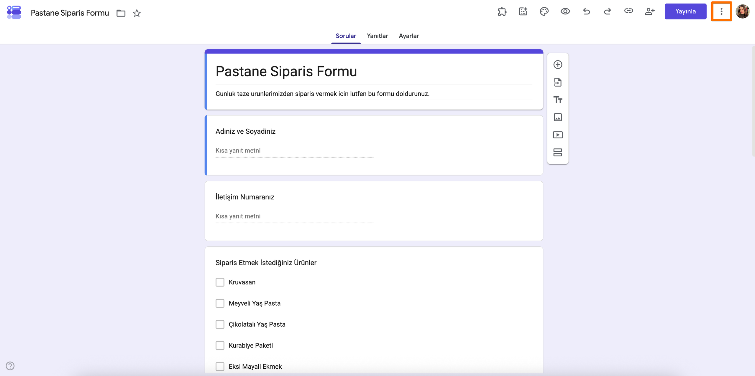 Google Forms Form Düzenleyici Üç Noktalı Menü butonu