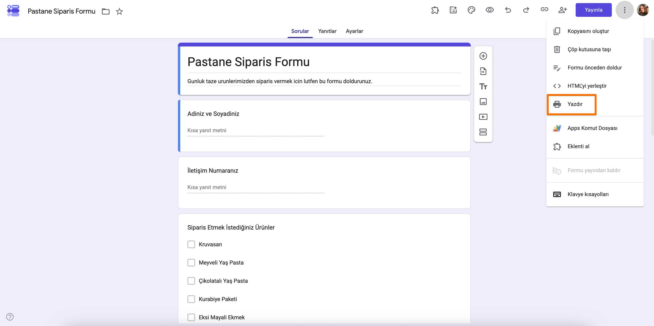 Google Forms Form Düzenleyici Üç Noktalı Yazdır Seçeneği