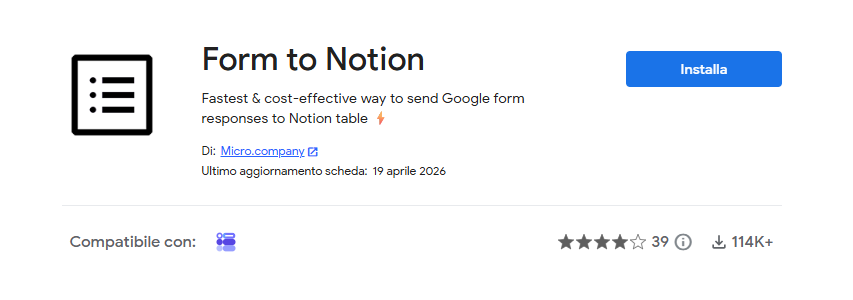 Screenshot del plug-in Form to Notion su Google Marketplace