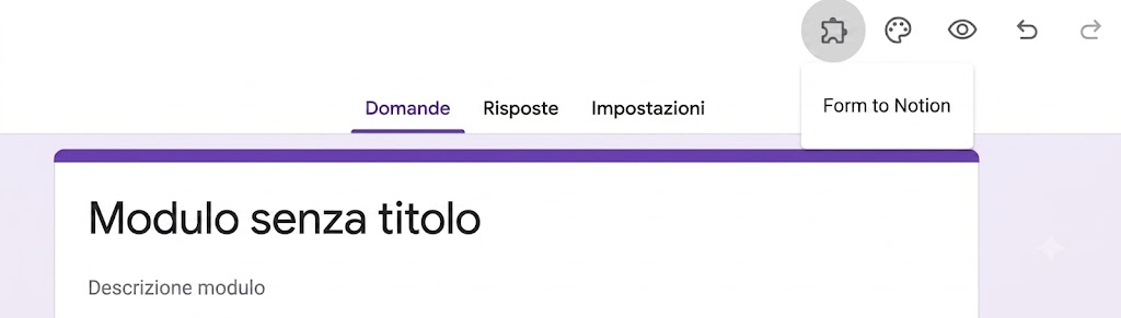 Screenshot che mostra l'opzione Form to Notion su Moduli Google