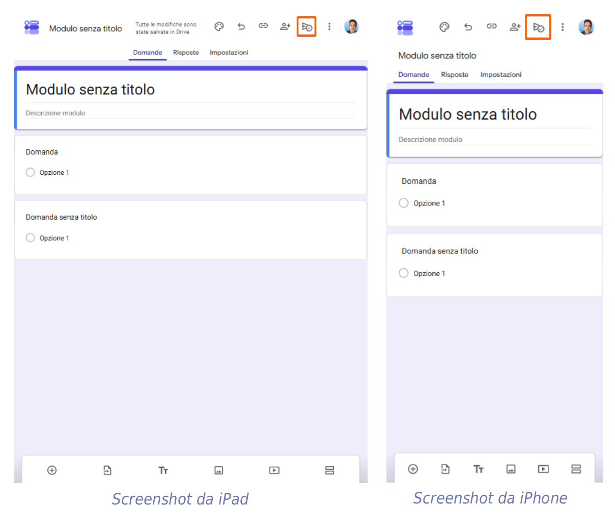Questa immagine mostra un modulo Google in fase di modifica su entrambe le piattaforme iPad e iPhone, con evidenziato il pulsante Invia