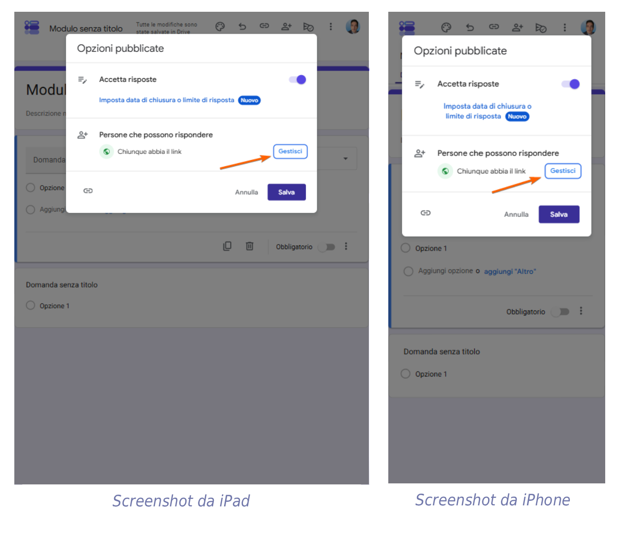 Screenshot che mostra una freccia che indica il pulsante Gestisci su Moduli Google