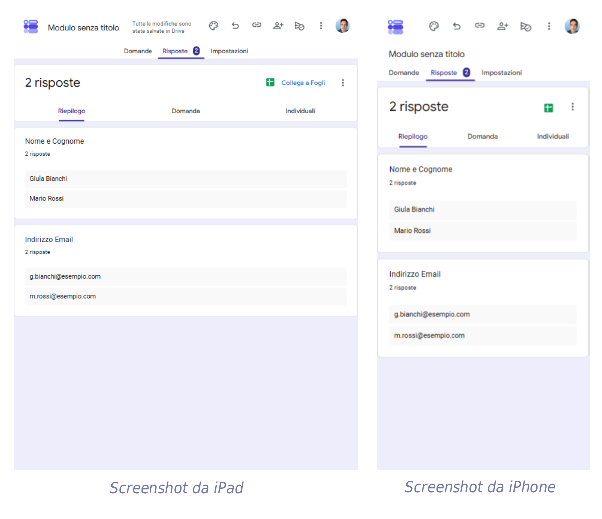 Questa immagine mostra la finestra di dialogo delle risposte di Moduli  Google Moduli su un iPad e un iPhone