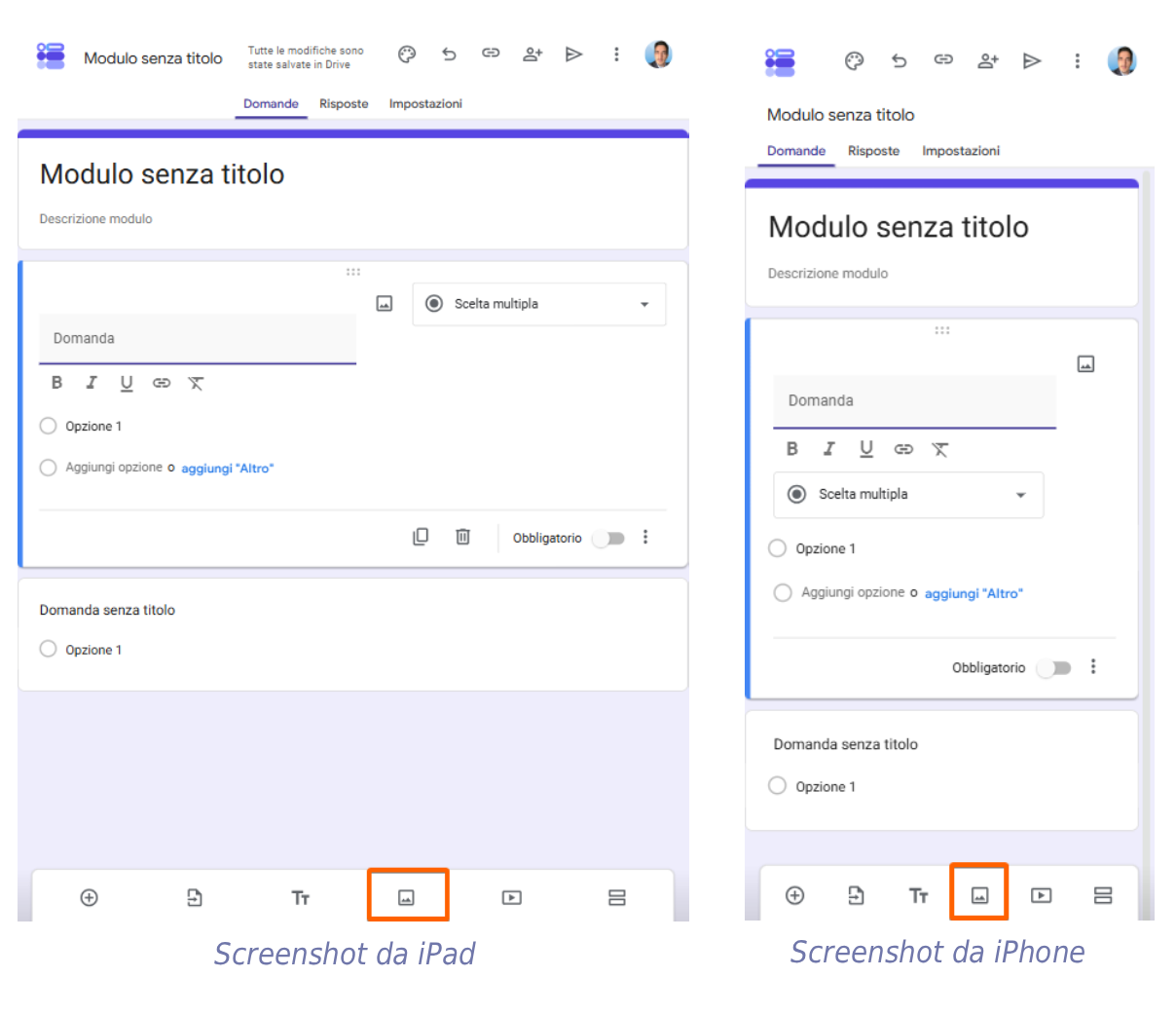 Moduli Google su iPad e iPhone con opzioni per aggiungere nuove domande, evidenziando l'opzione di aggiungere una domanda
