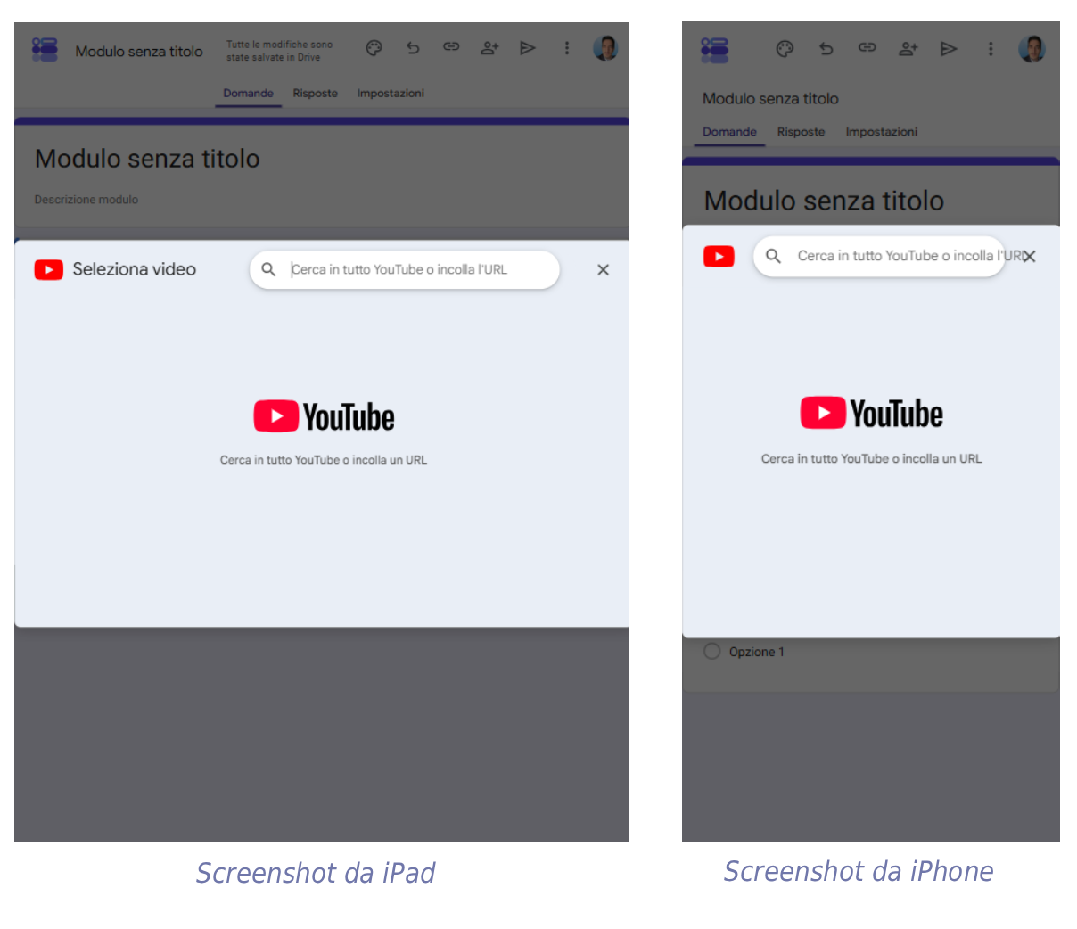 Interfaccia di caricamento delle immagini su Google Moduli come visualizzato su un iPad e un iPhone, con schede per diverse fonti di caricamento