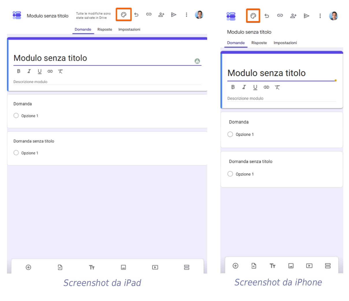 Applicazione Moduli Google su iPad e iPhone che mostra l'interfaccia del costruttore di moduli per inserire i campi delle informazioni di contatto