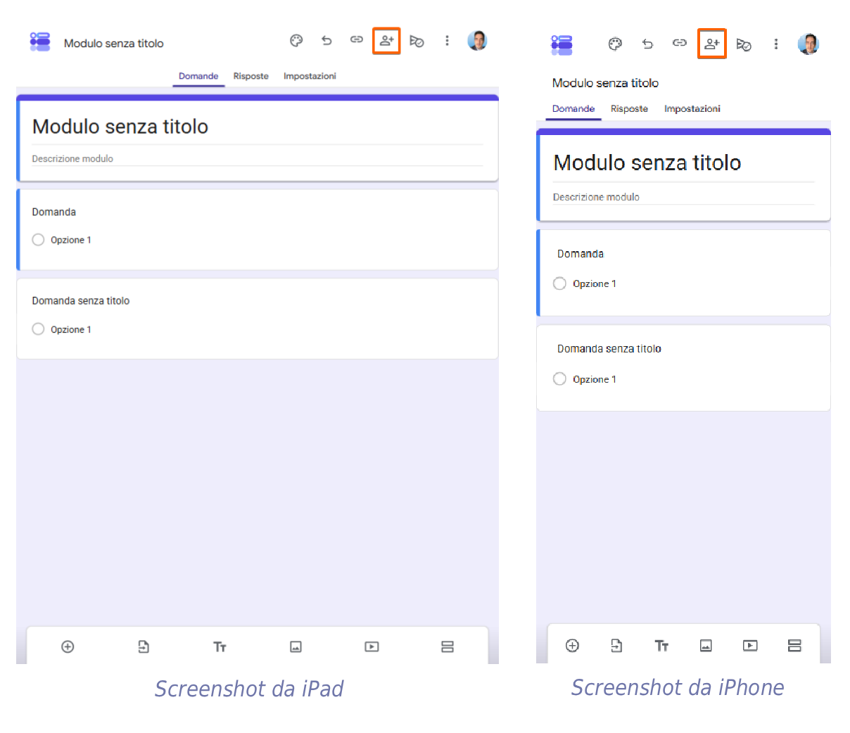 Moduli Google visualizzati su un iPad e un iPhone con in evidenza l'opzione Condividi