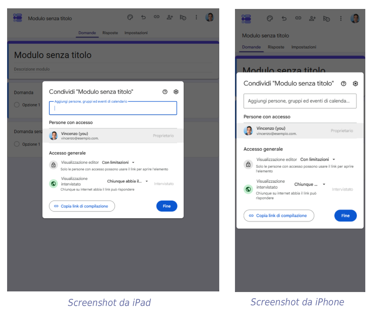 Moduli Google visualizzati su iPad e iPhone con opzioni per personalizzare le impostazioni del modulo e condividere il link del modulo