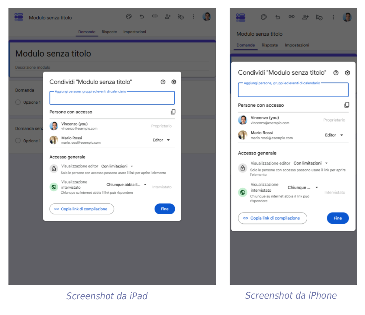 Finestra condivisione modulo in Moduli Google per iPad e iPhone