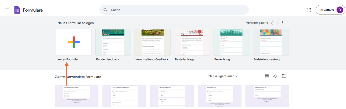 Klicken Sie auf das Symbol für leere Formulare auf der Google Formulare Homepage