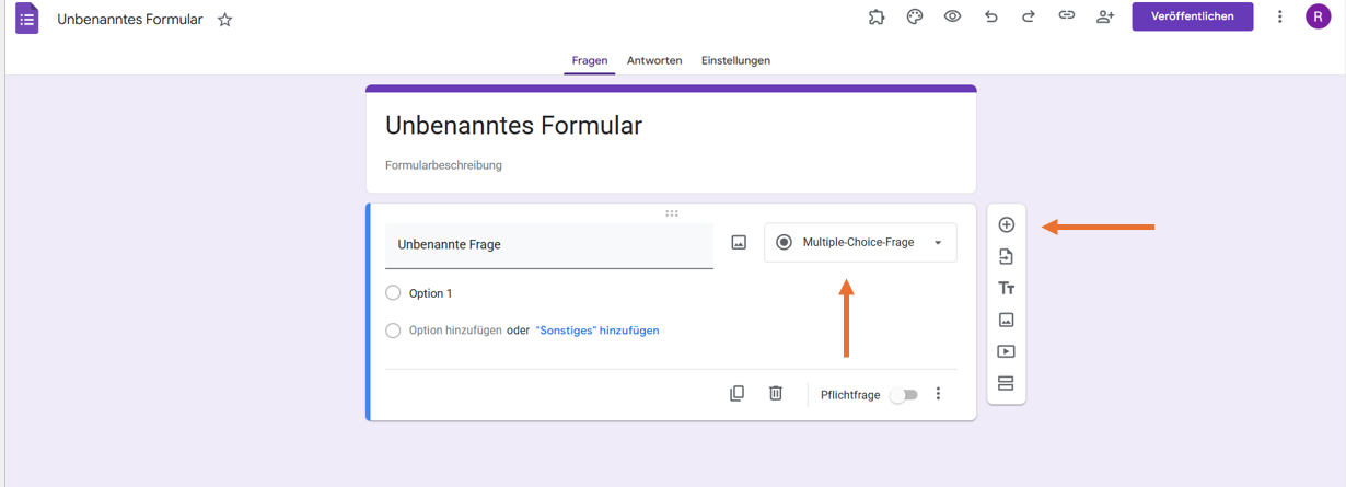 Klicken Sie auf das Plus-Symbol in der Symbolleiste und wählen Sie Multiple Choice aus dem Dropdown-Menü in Google Formulare