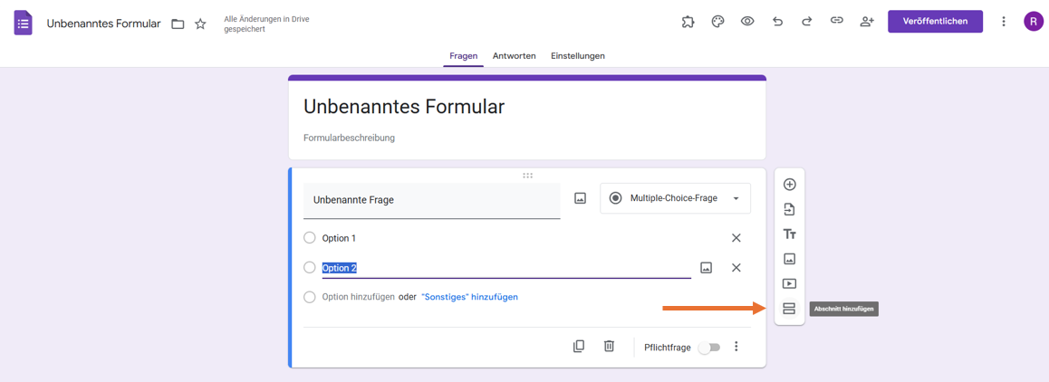 Klicken Sie auf Abschnitt hinzufügen in der Symbolleiste auf der rechten Seite von Google Formulare