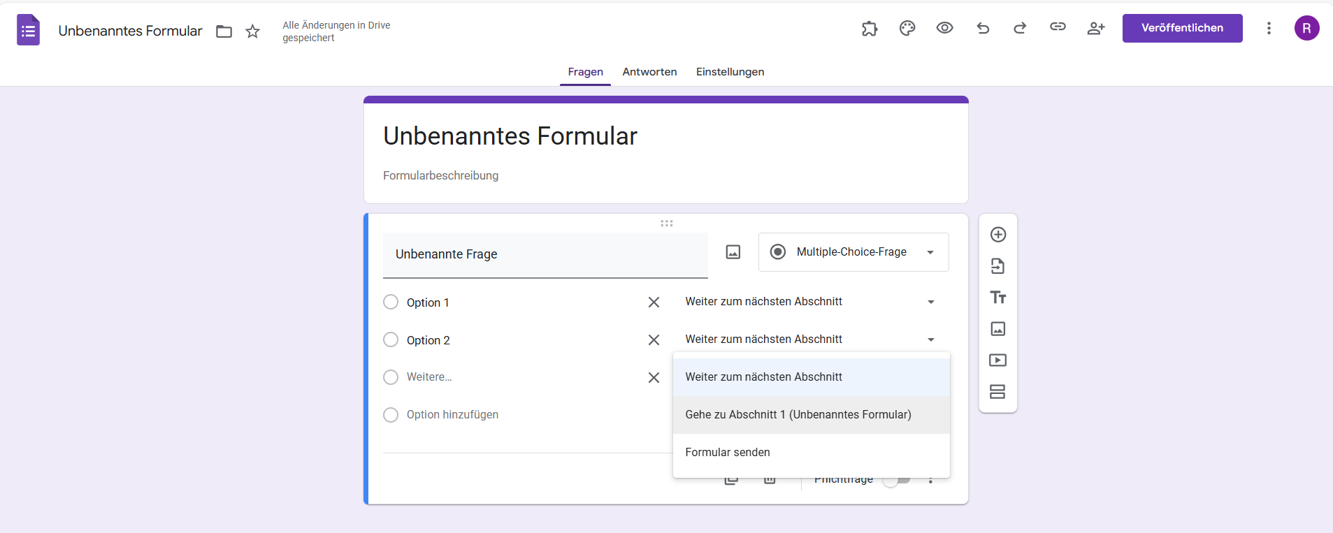 Wählen Sie Weiter zum nächsten Abschnitt im Multiple-Choice-Fragenfeld in Google Formulare