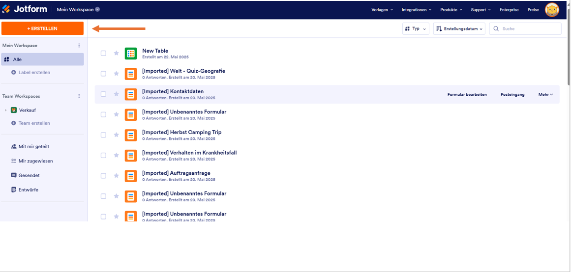 Auf den Button + Erstellen auf der Startseite von Jotform klicken