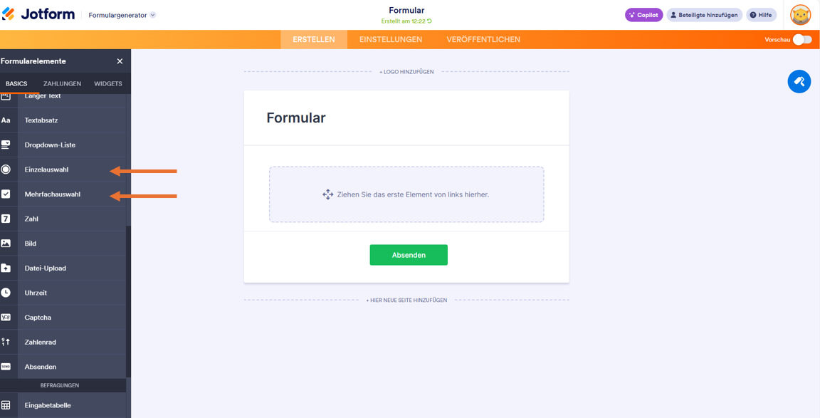 Einzelauswahl oder Mehrfachauswahl aus den Basisformularfeldern des Jotform Formulargenerators auswählen