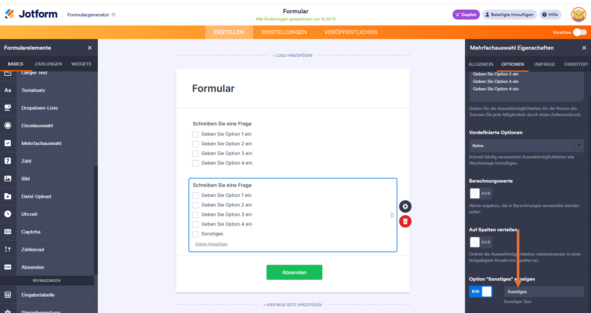 Umschalten der Option Sonstiges anzeigen auf der Registerkarte Optionen im Formulargenerator von Jotform