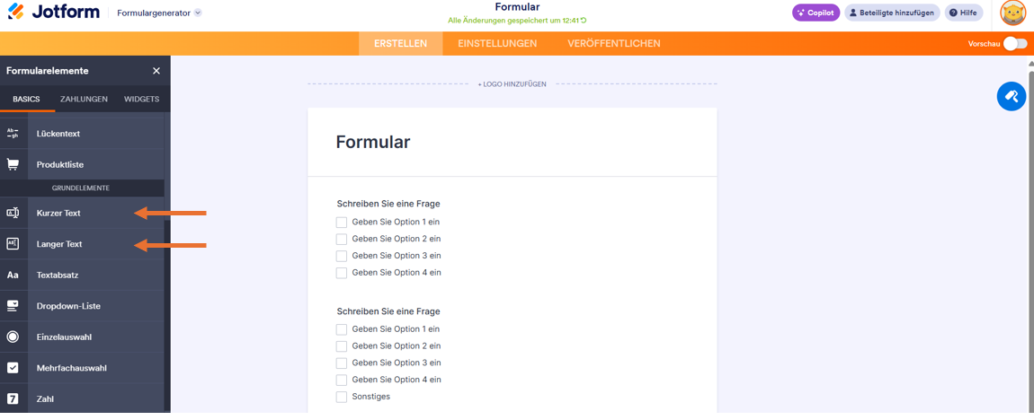 Klick auf Kurztext oder Langtext aus den Basisformularfeldern im Jotform Formulargenerator