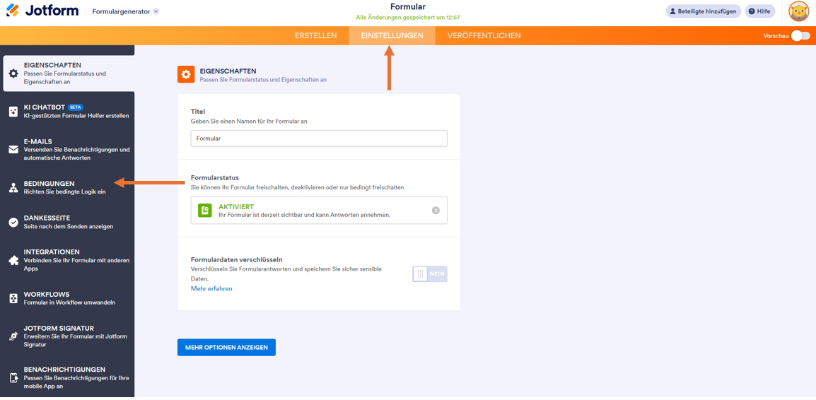 Im Formulargenerator von Jotform auf die Registerkarte Einstellungen und klicken, dann auf die Option Bedingungen