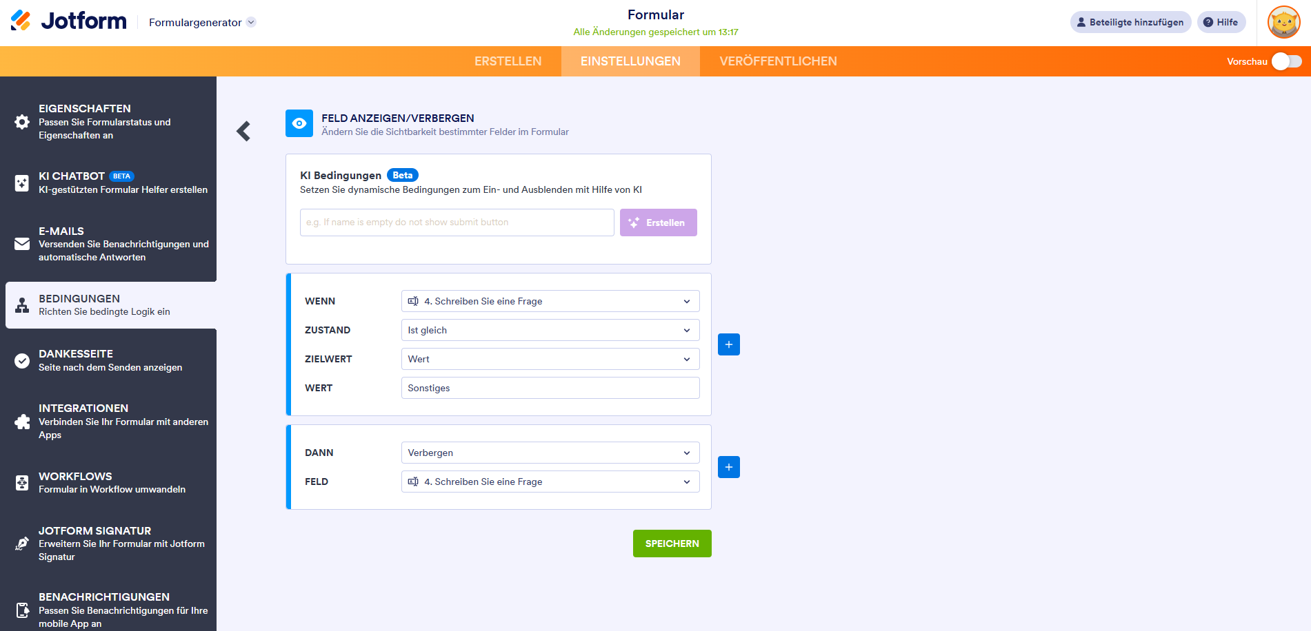 Einrichten der Feldeigenschaften ein-/ausblenden auf der Registerkarte Bedingungen im Jotform Formulargenerator