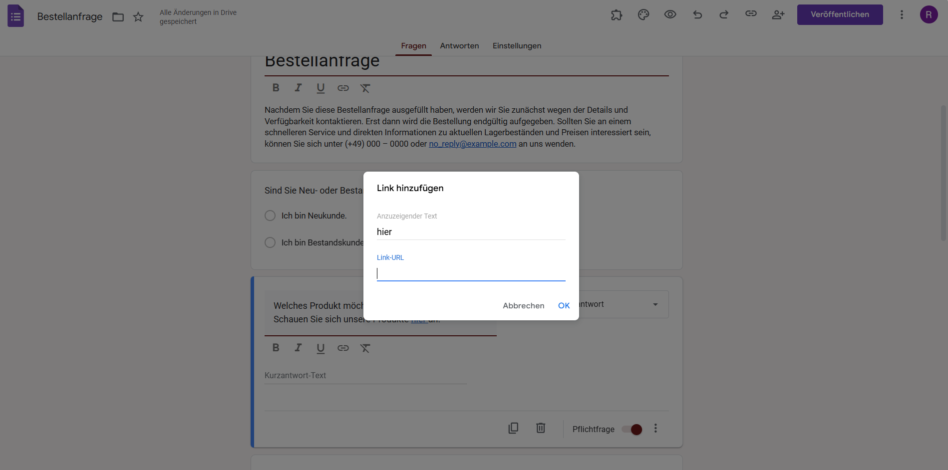 "Link hinzufügen"; Fenster Pop-up in einem Bestellformular in Google Formulare