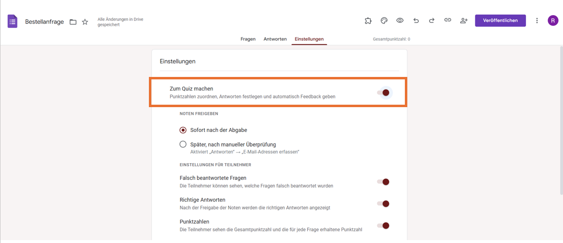 Registerkarte Einstellungen eines Bestellformulars in Google Formulare Umschalten der Option "Zum Quiz machen"