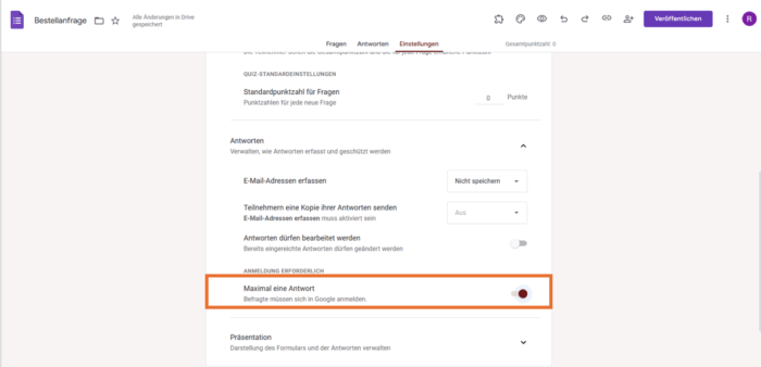 Registerkarte „Einstellungen“ eines Bestellformulars in Google Formulare Umschalten der Option "Auf 1 Antwort beschränken"