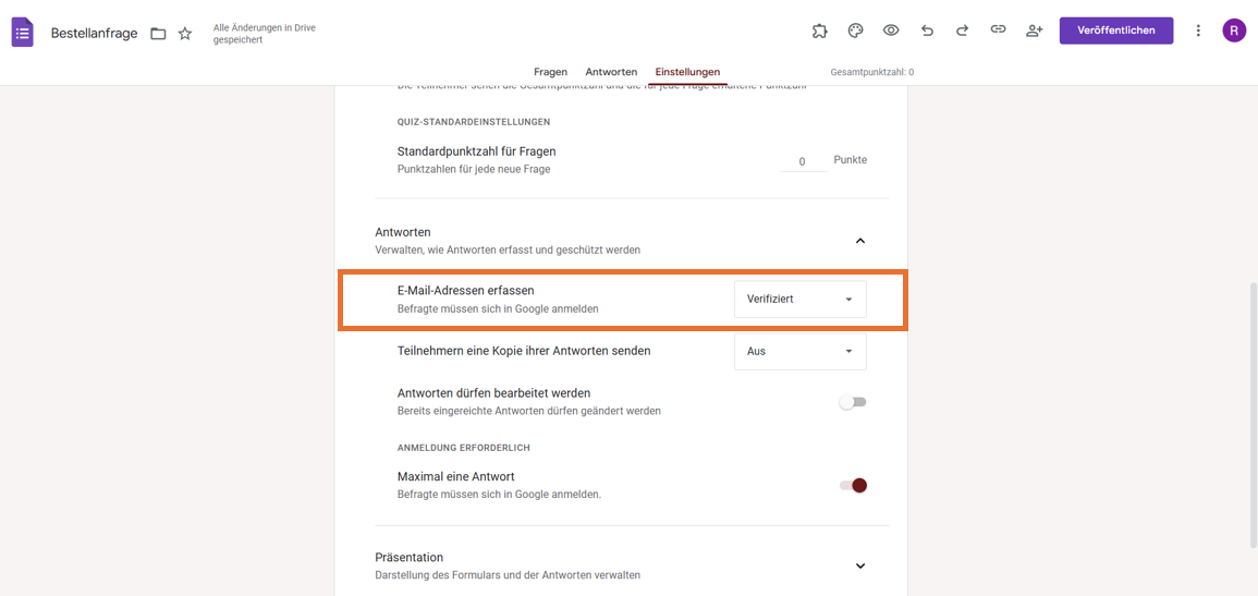 Registerkarte „Einstellungen“ eines Bestellformulars, Anzeigen der Optionen unter „Einstellungen für Antworten“, Auswahl der Option „Verifiziert“ in "E-Mail-Adressen erfassen"