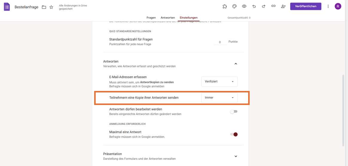 Registerkarte „Einstellungen“ eines Bestellformulars Anzeigen der Optionen unter Antworten-Einstellungen, Auswahl von Immer in "Antwortgebern eine Kopie ihrer Antwort senden" Option