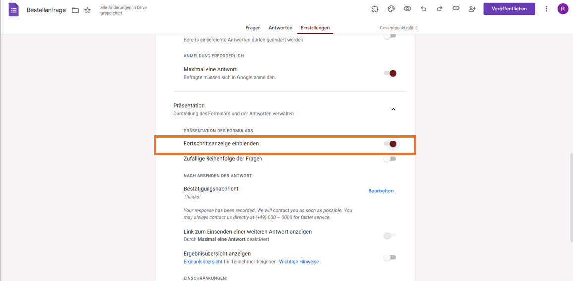 Registerkarte Einstellungen eines Bestellformulars Anzeigen der Optionen unter Präsentationseinstellungen, Umschalten der Option "Fortschrittsanzeige einblenden"