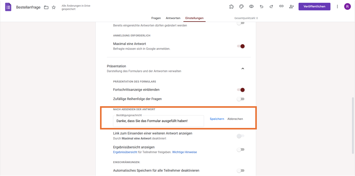 Registerkarte Einstellungen eines Bestellformulars in Google Formulare Eingeben einer Bestätigungsnachricht