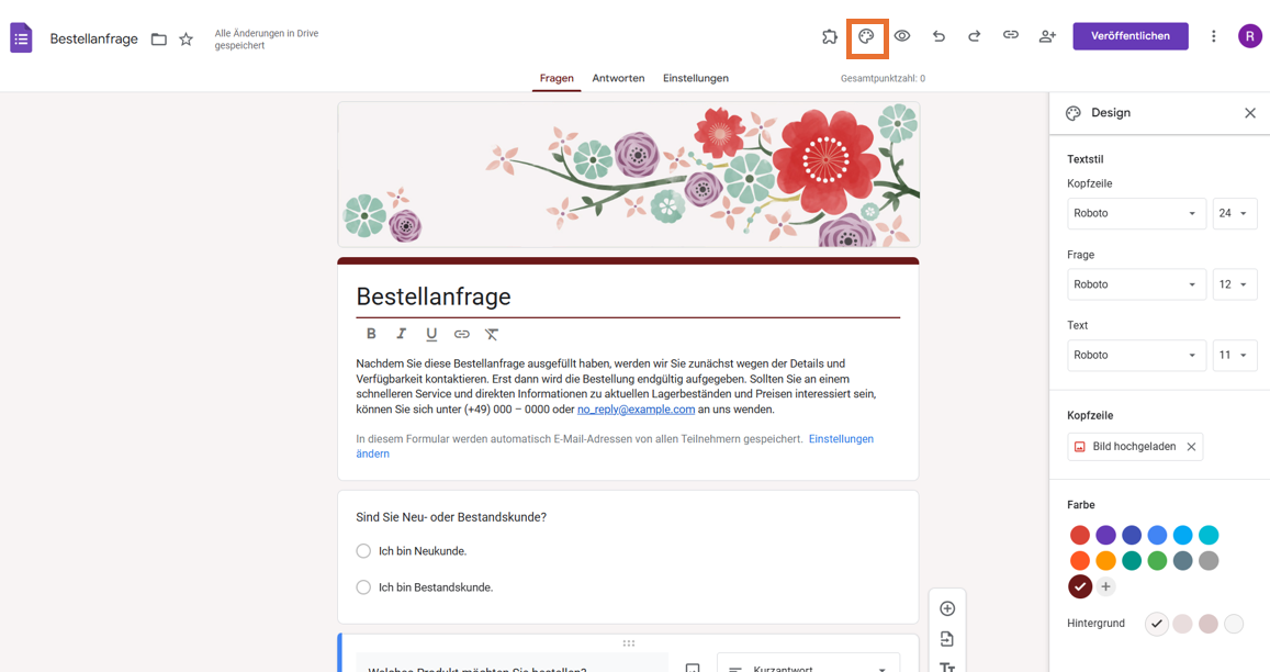 Bestellformular in Google Formulare Auf das Palettensymbol klicken