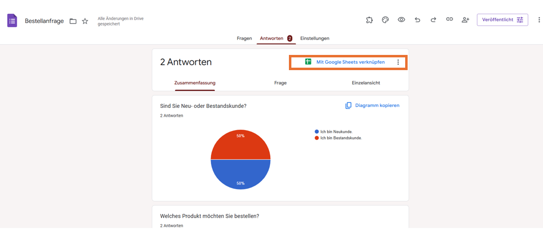 Registerkarte Antworten in Google Formulare Auf die Option "Mit Google Sheets verknüpfen"