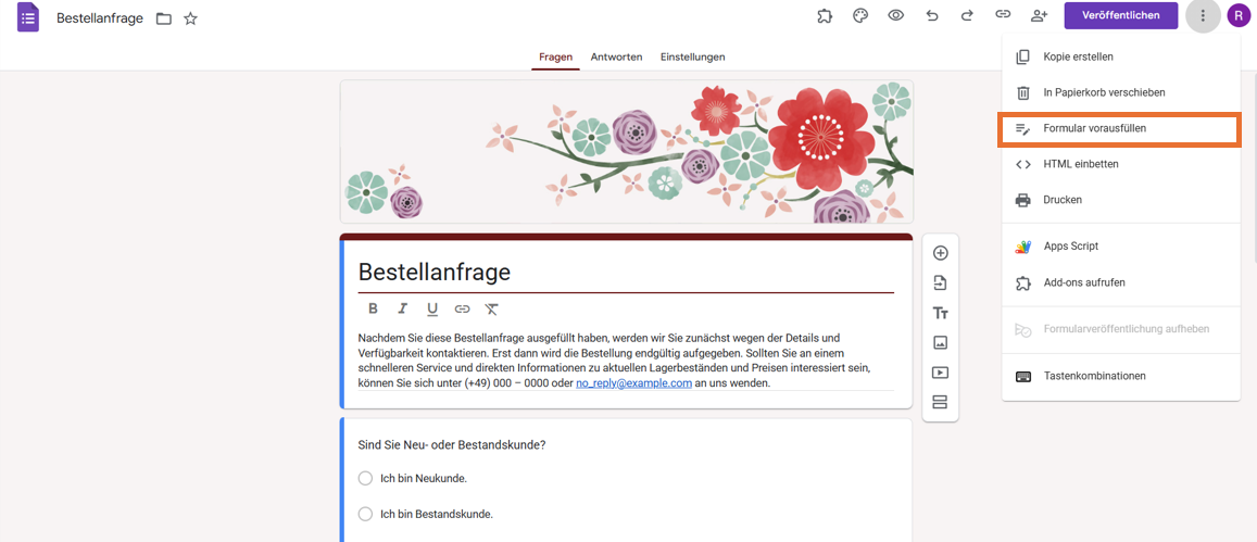 Bestellformular in Google Formulare Auf die Option "Formular ausfüllen"