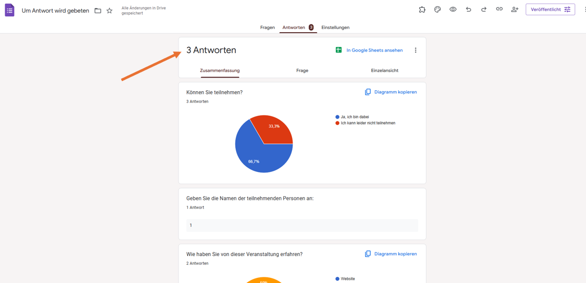 Screenshot der Registerkarte Antworten in Google Formulare