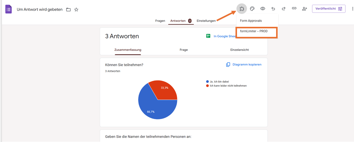 Screenshot von Google Formulare mit ausgewähltem Add-ons-Symbol und hervorgehobenem formLimiter