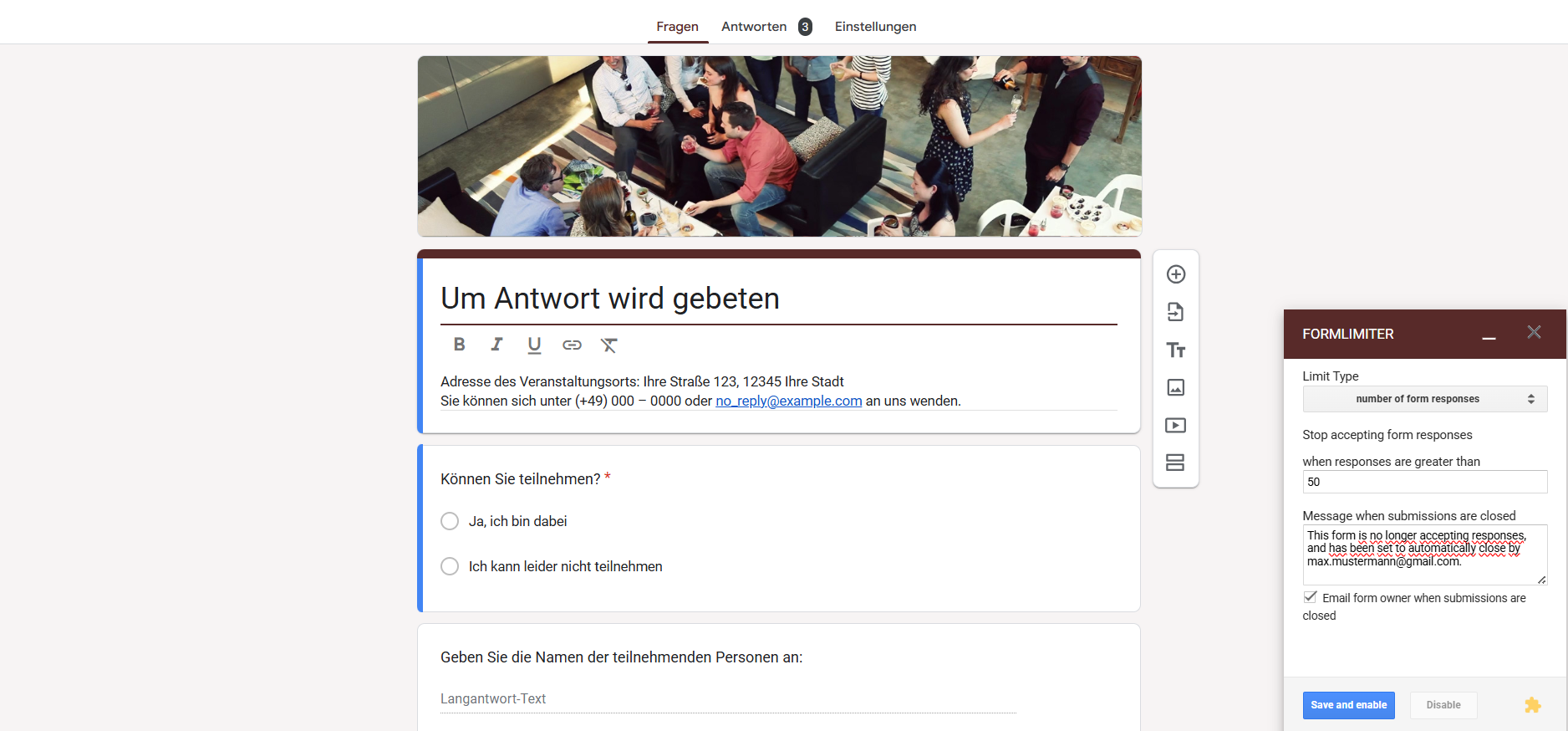 Screenshot eines Google Formulars mit den angezeigten Optionen des Form Limiter Add-Ons