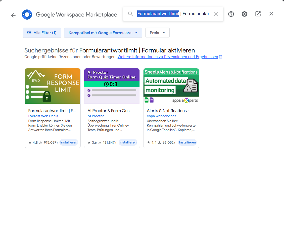 Screenshot der Suchergebnisseite für die Phrase "Formularantwortenlimit" im Google Workspace Marketplace