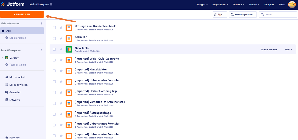 Screenshot der Seite Meine Formulare in Jotform, mit einem Pfeil, der auf den Button + Erstellen zeigt