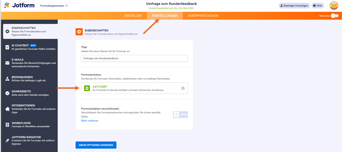 Screenshot der Registerkarte Einstellungen im Jotform Formulargenerator, mit einem Pfeil, der anzeigt, dass der Abschnitt Formularstatus auf Aktiviert gesetzt ist“
