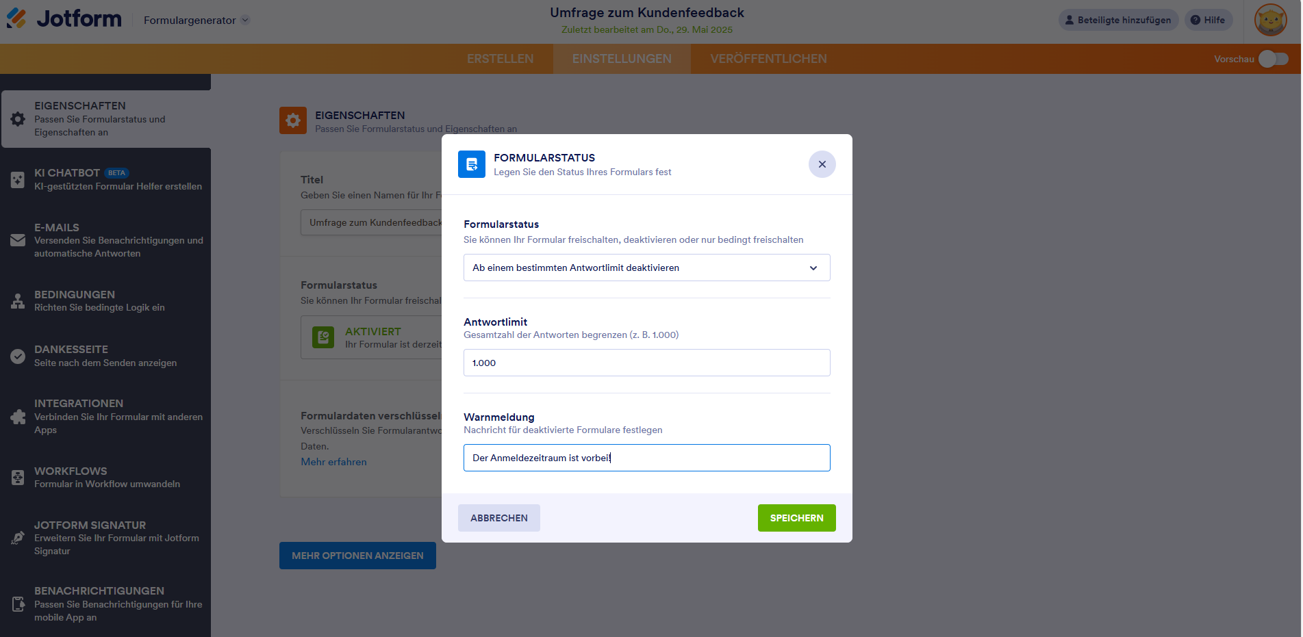 Screenshot des Abschnitts Formularstatus auf der Registerkarte Einstellungen des Jotform Formulargenerators