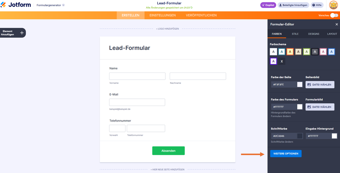 Die Oberfläche des Formulargenerators von Jotform zeigt ein einfaches Kontaktformular mit Feldern für Name, E-Mail und Telefonnummer