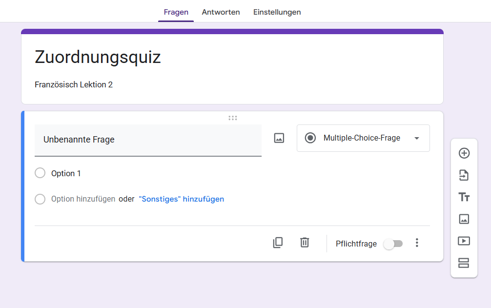 Screenshot eines Google Formulars mit dem Titel Zuordnungsquiz mit einer unbenannten Multiple Choice Frage