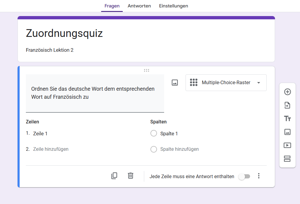 Screenshot desselben Google Formulars mit der Frage Ordnen Sie das deutsche Wort dem entsprechenden Wort auf Französisch zu und einer Zeile und Spalte darunter