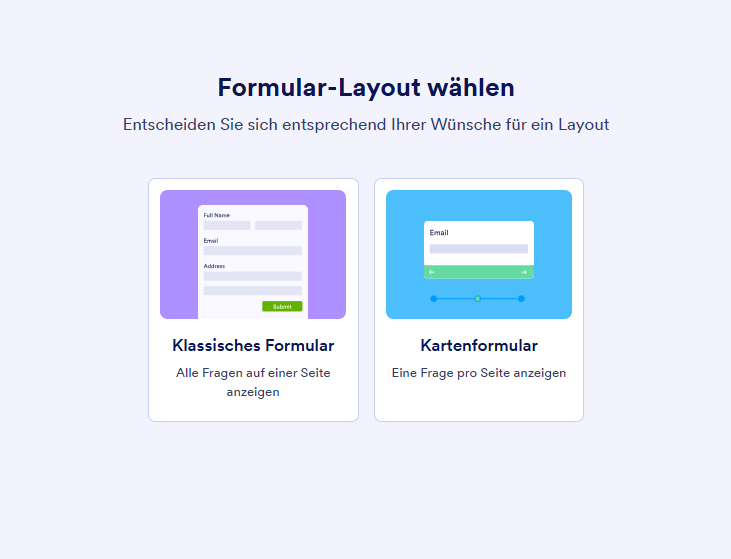 Klassische und Kartenoptionen der Seite Formularlayout auswählen