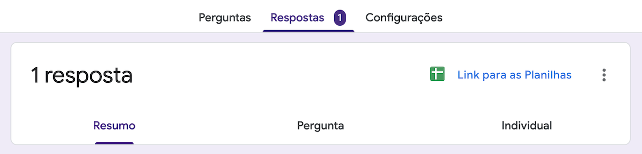 Captura de tela da página de Respostas do Formulários Google