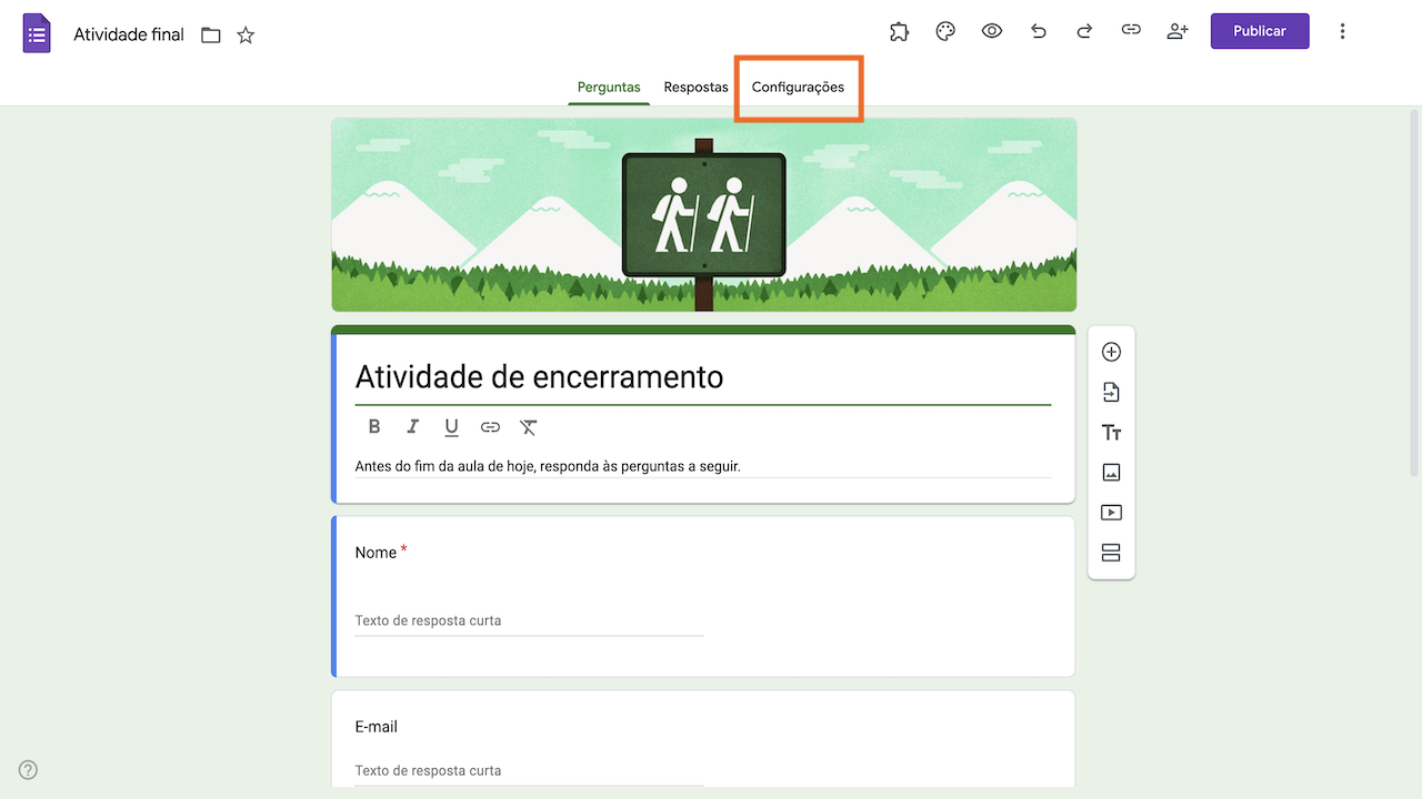 Captura de tela de uma atividade no Formulários Google