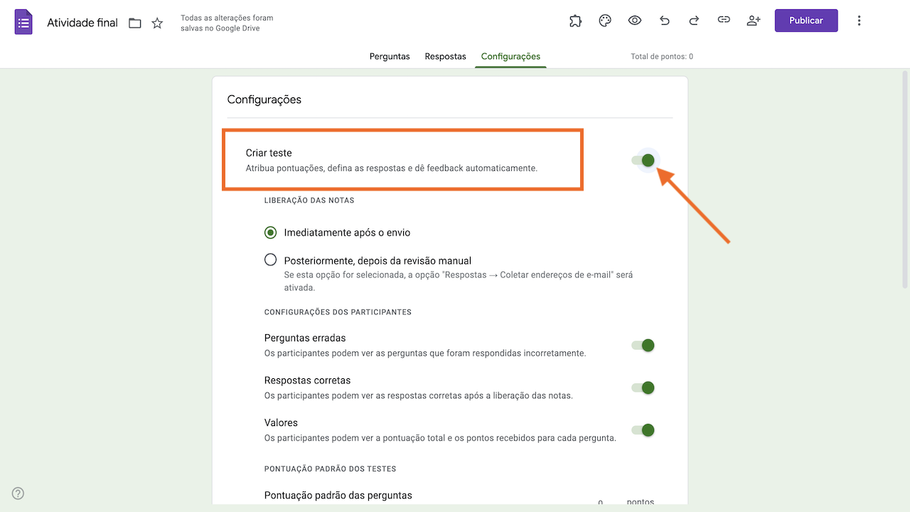 Captura de tela de um questionário no construtor de Formulários Google