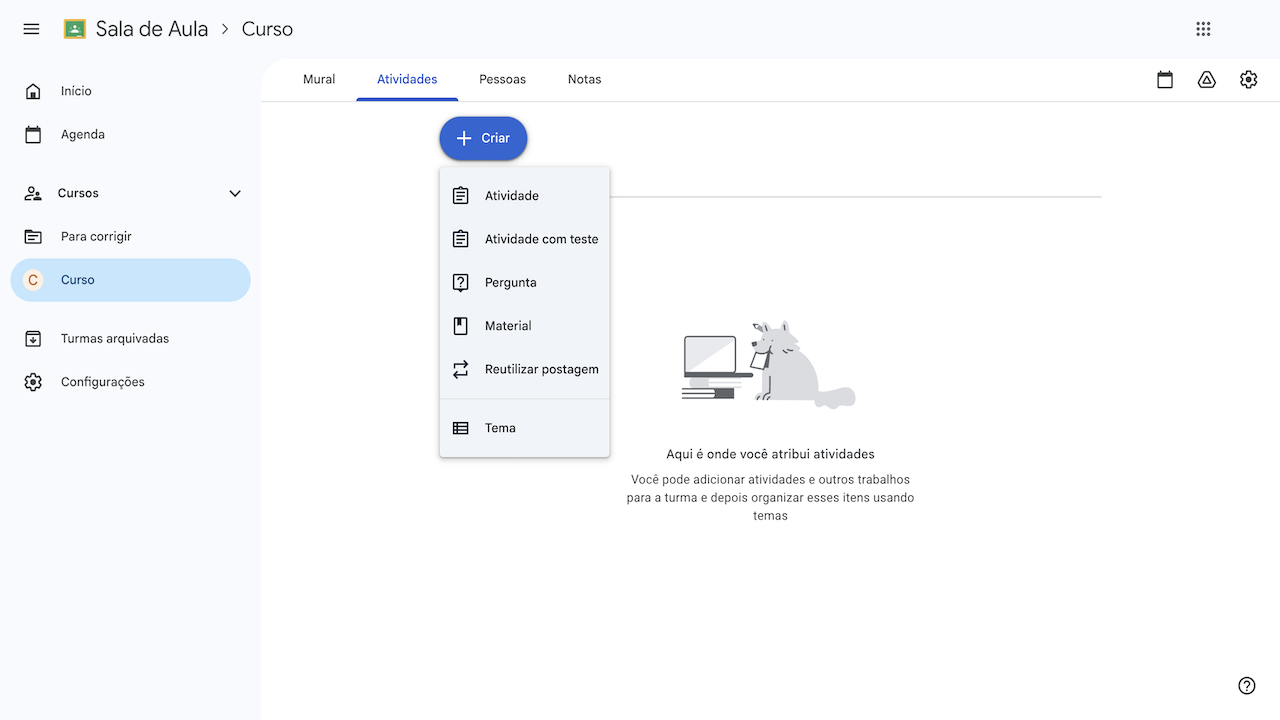 Captura de tela do Google Sala de Aula com o menu "Criar" aberto