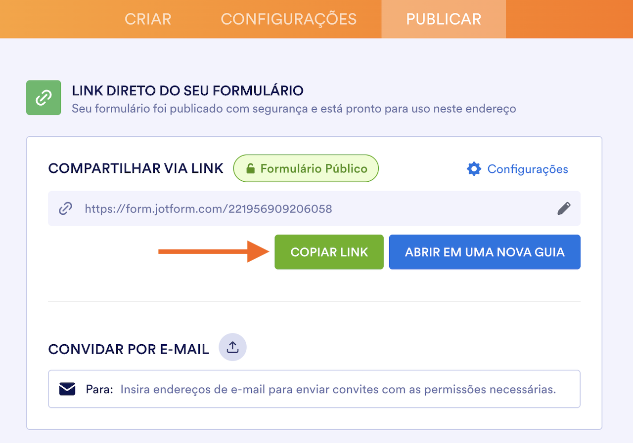 Captura de tela do criador Jotform, com uma seta apontando para o botão Copiar Link