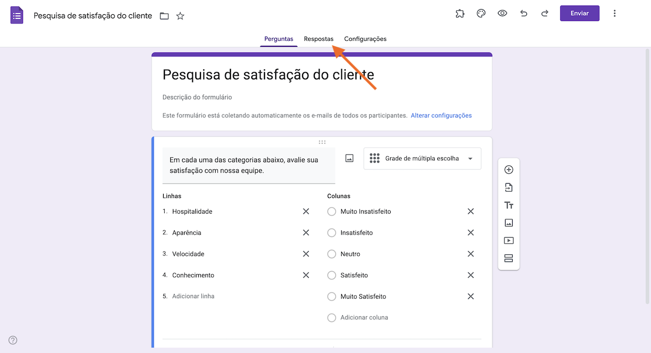 Clicando na aba Respostas no topo do editor de formulários no Formulários Google